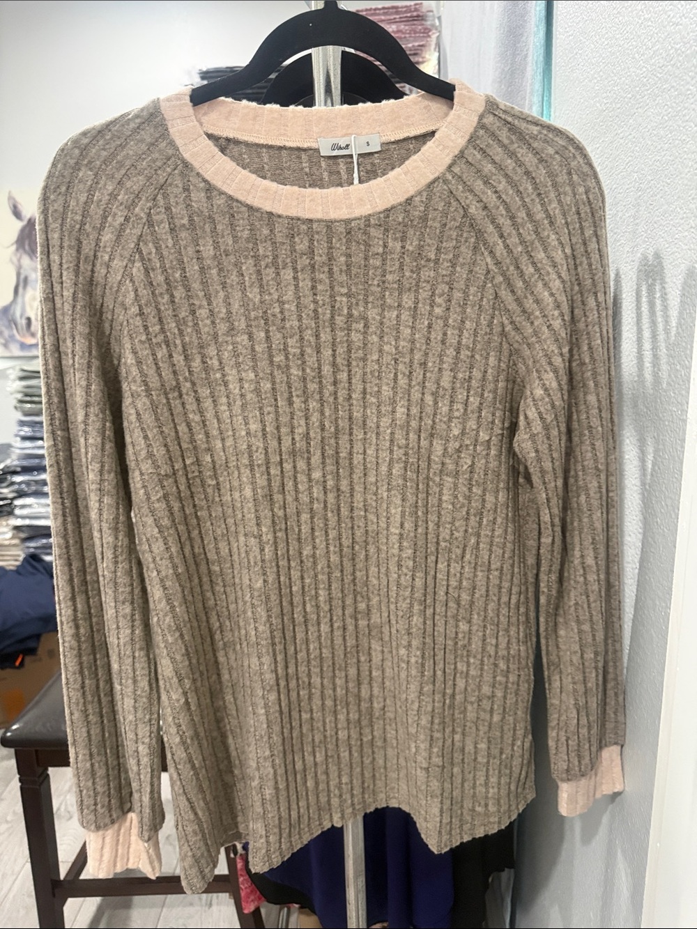 Ribbed Crewneck Sweater Top in Taupe with Cream Trim